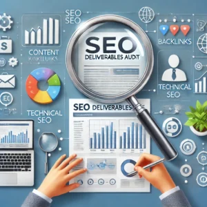 An image representing 'SEO Deliverables Audit' showing a magnifying glass over a detailed report with SEO charts and graphs, keywords, backlinks.