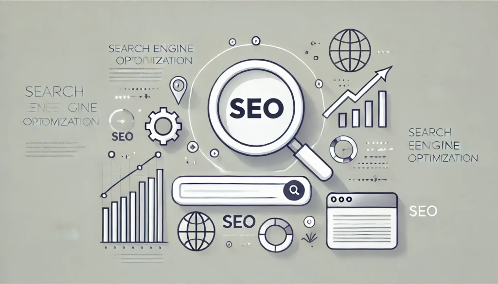 A simple banner image representing SEO (Search Engine Optimization). The design should feature minimalistic elements like a magnifying glass over a seo title